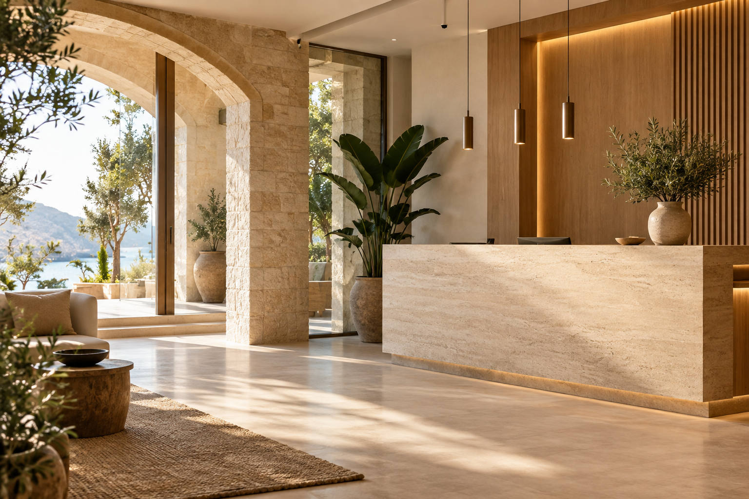 Doğal ışık alan modern bir otel resepsiyonu